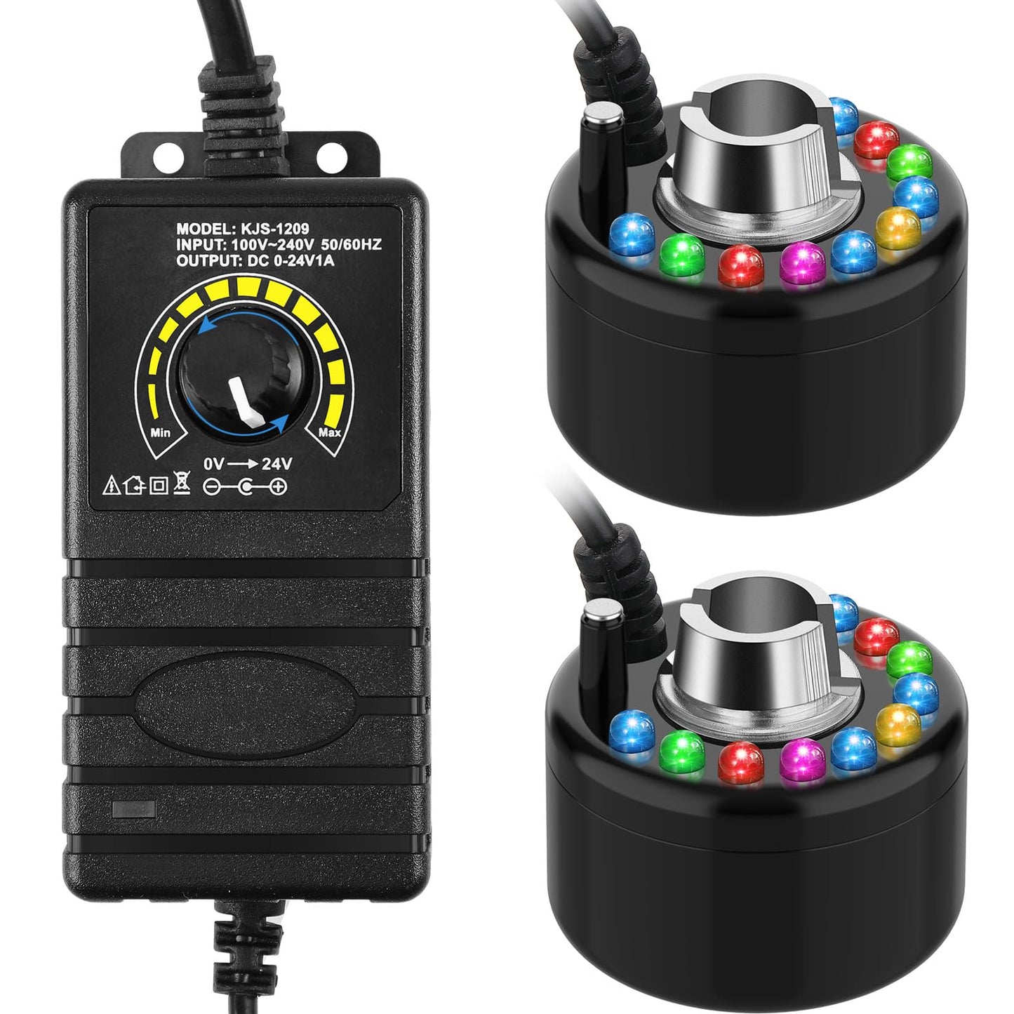 Maitys 2 Pcs Mist Maker Fogger Small Ultrasonic Fog Machine Fountain Halloween Party Cauldron Water Garden Pond Plastic LED Mister Foggers with Adjustable Fog Controller