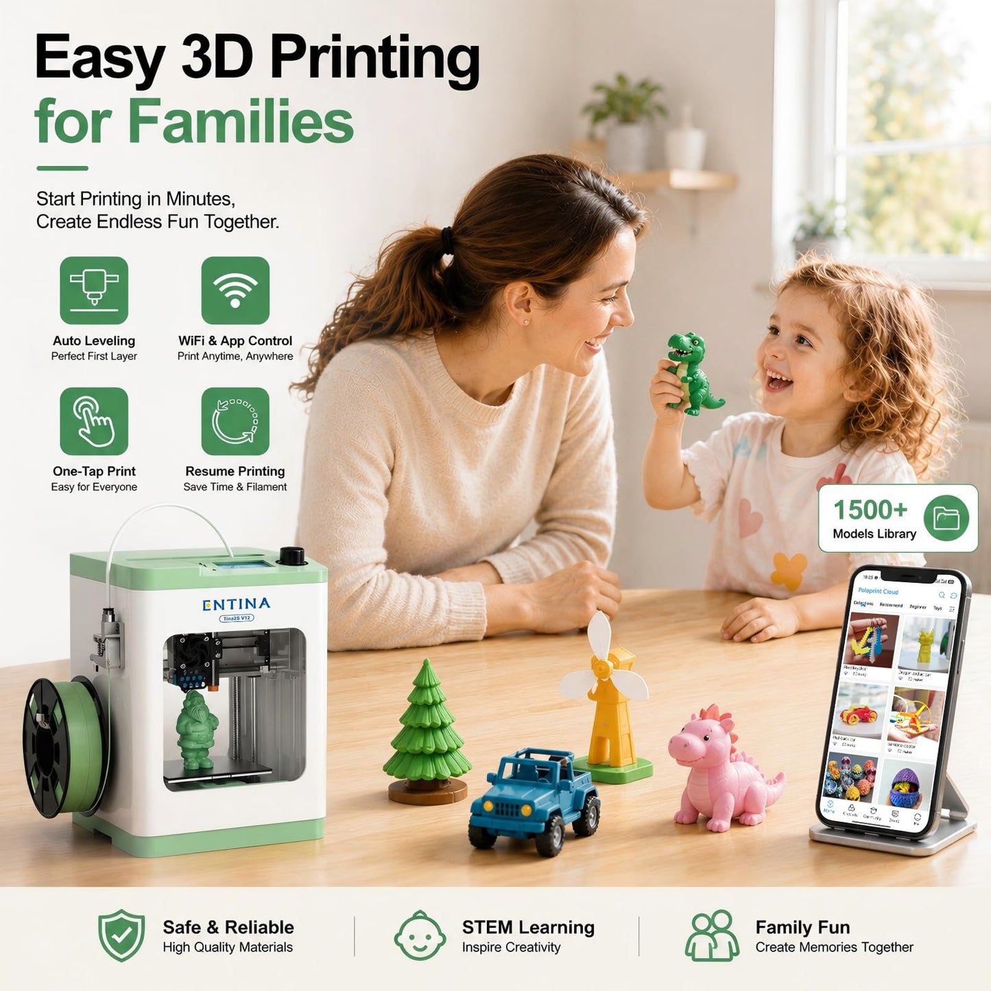 Entina TINA2S 3D Printers with WiFi Cloud Printing, Fully Assembled with Auto Leveling, Huge Library, DIY Mini 3D Printer for Beginners and Kids, High Precision 3D Printer for Home, Office & School