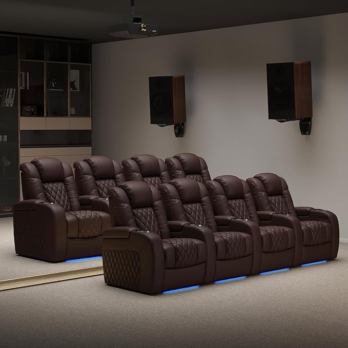 Weilianda Home Theater Seating Top Grain Leather Zero Gravity Recliner Chair Power Headrest Recline Movie Seat Gaming 7 Colors Mood Light Sofa with Tray Table USB Charge Row of 1 Brown
