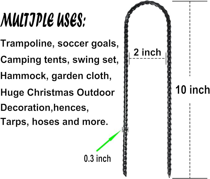10-Inch Trampoline Stakes Heavy Duty U Shaped Rebar Ground Stakes Ground Anchors for Sporting Goods Security, House Construction (24)