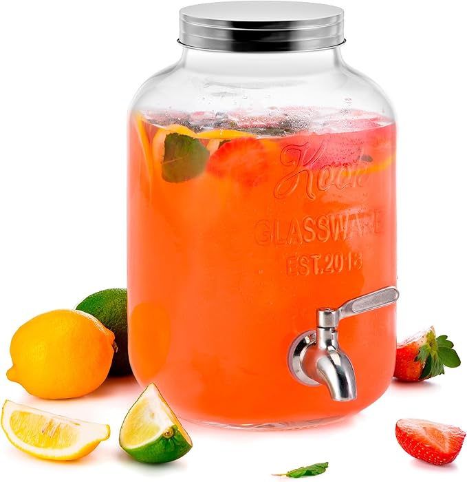 Kook Glass Drink Dispenser, with Leak-Proof Stainless Steel Spigot, Clear Mason Jar, Beverage Storage for Fridge, for Wate...