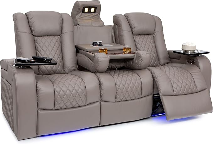 Seatcraft Anthem Italian Leather Sofa w/Fold-Down Table, Living Room, Power Headrest, Power Recline, Gray