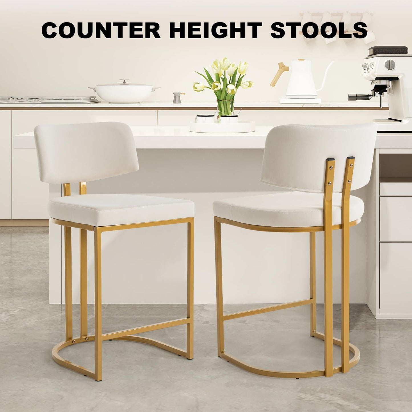 TUOMUR Modern Barrel Bar Stools Set of 2, Counter Height Stools, 26" Velvet Counter Stool with Comfy Back, Armless Sherpa Upholstered Kitchen Island Chair, Ivory