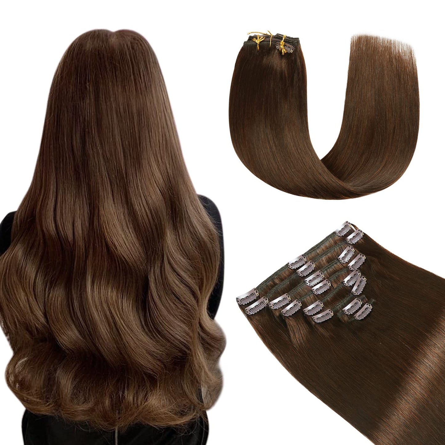 YILITE Clip in Hair Extensions 120g 8Pcs/Pack Chocolate Brown Double Weft Silky Straight Remy Human Hair Thick Clip in Real Hair