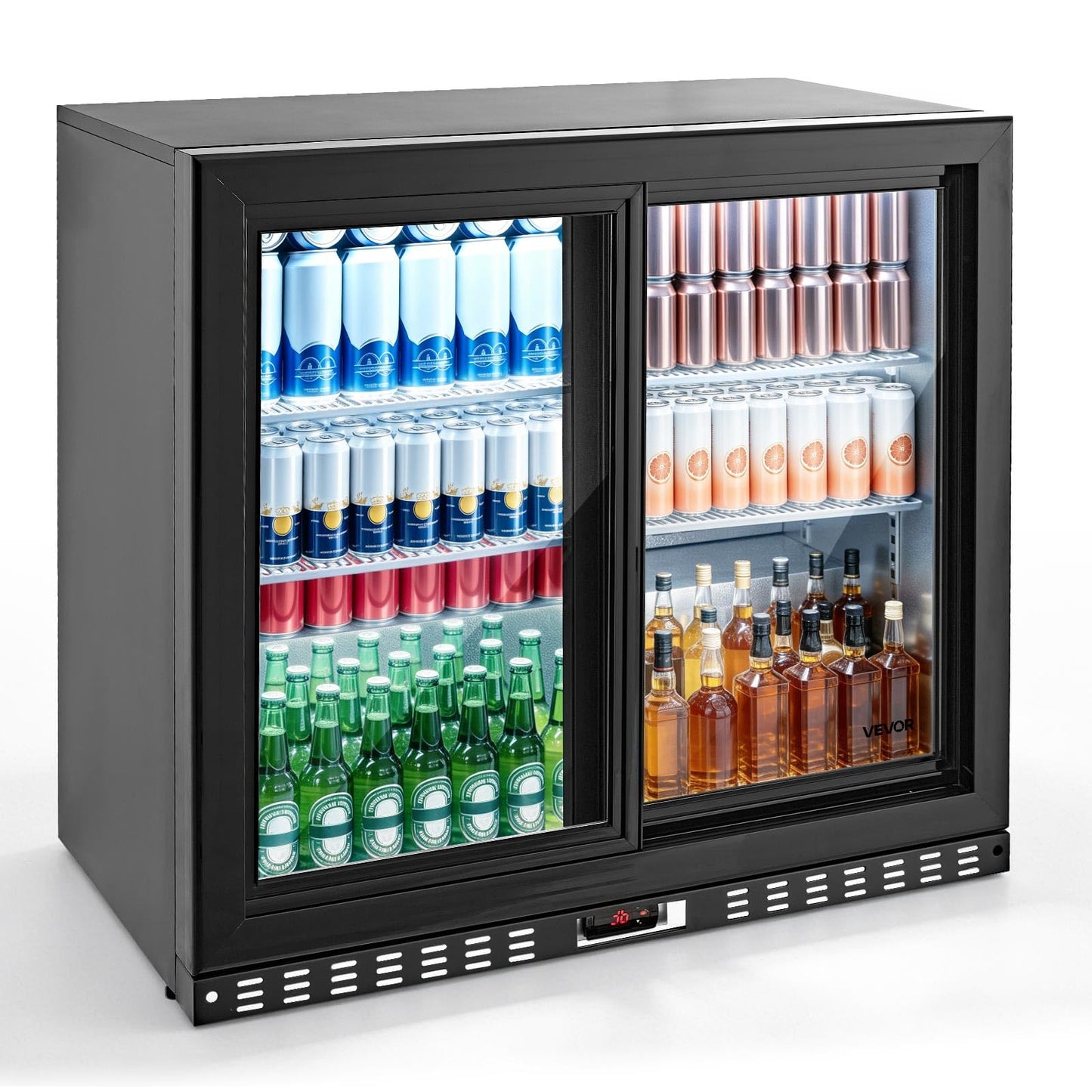 VEVOR Back Bar Cooler, 7.4 Cu. Ft Commercial Beverage Refrigerator, Under Counter Bar Fridge with 2 Sliding Doors, LED Lighting, Adjustable Shelves, Low-E Glass Display Cooler for Beer, Wine, Drink