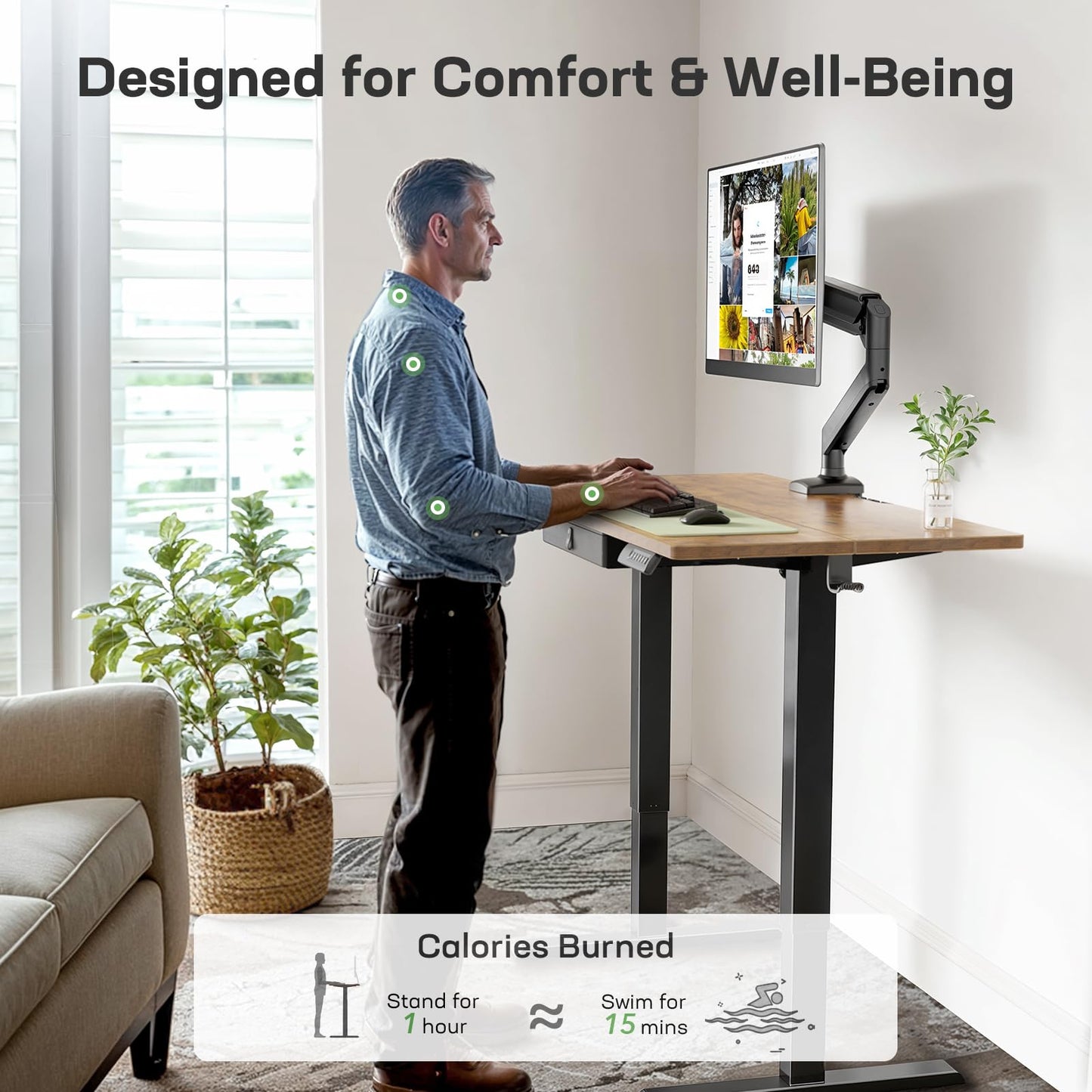 Marsail 55x24 Electric Standing Desk with Drawer, Computer Desk, Sit Stand Office Table with Storage & Hooks & Cable Management, Ergonomic Height Adjustable Table for Home Office, Brown