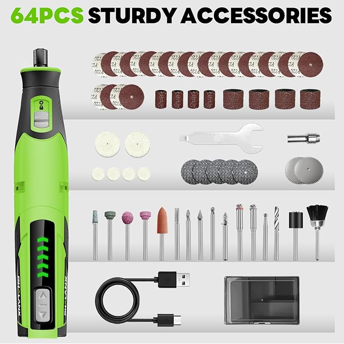Rotary Tool - 4V Rotary Tool Cordless, Rotary Tool Accessories 64 PCS 2500mAh Li-Ion Battery, Preset 5 Speed Adjustment Grinder Tool for Cutting Sanding Carving Polishing Engraver DIY Crafts (Green)