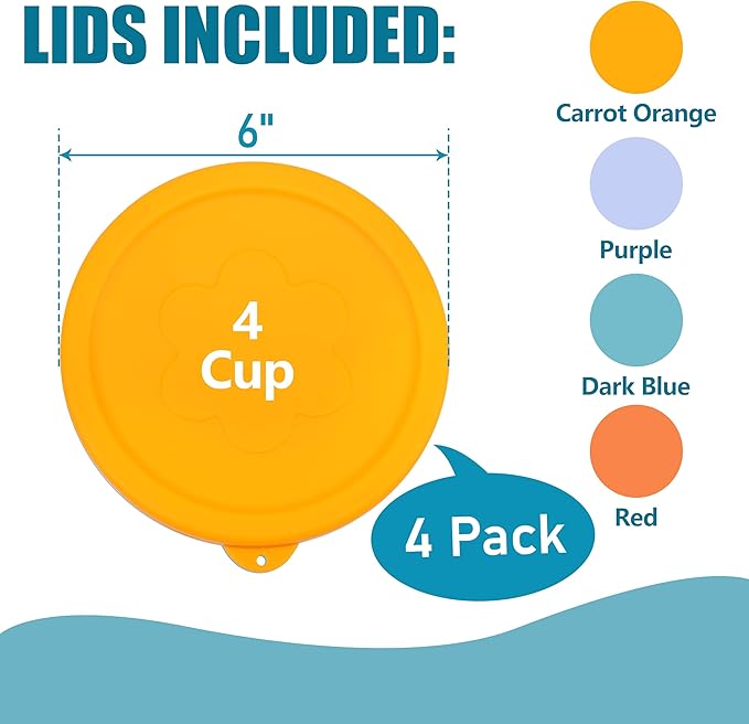 4 Cup Round Silicone Replacement Lids for Pyrex 7201-PC Glass Bowls, 4 Pack Storage Cover, Microwave & Dishwasher & Freezer Safe (Container not Included)