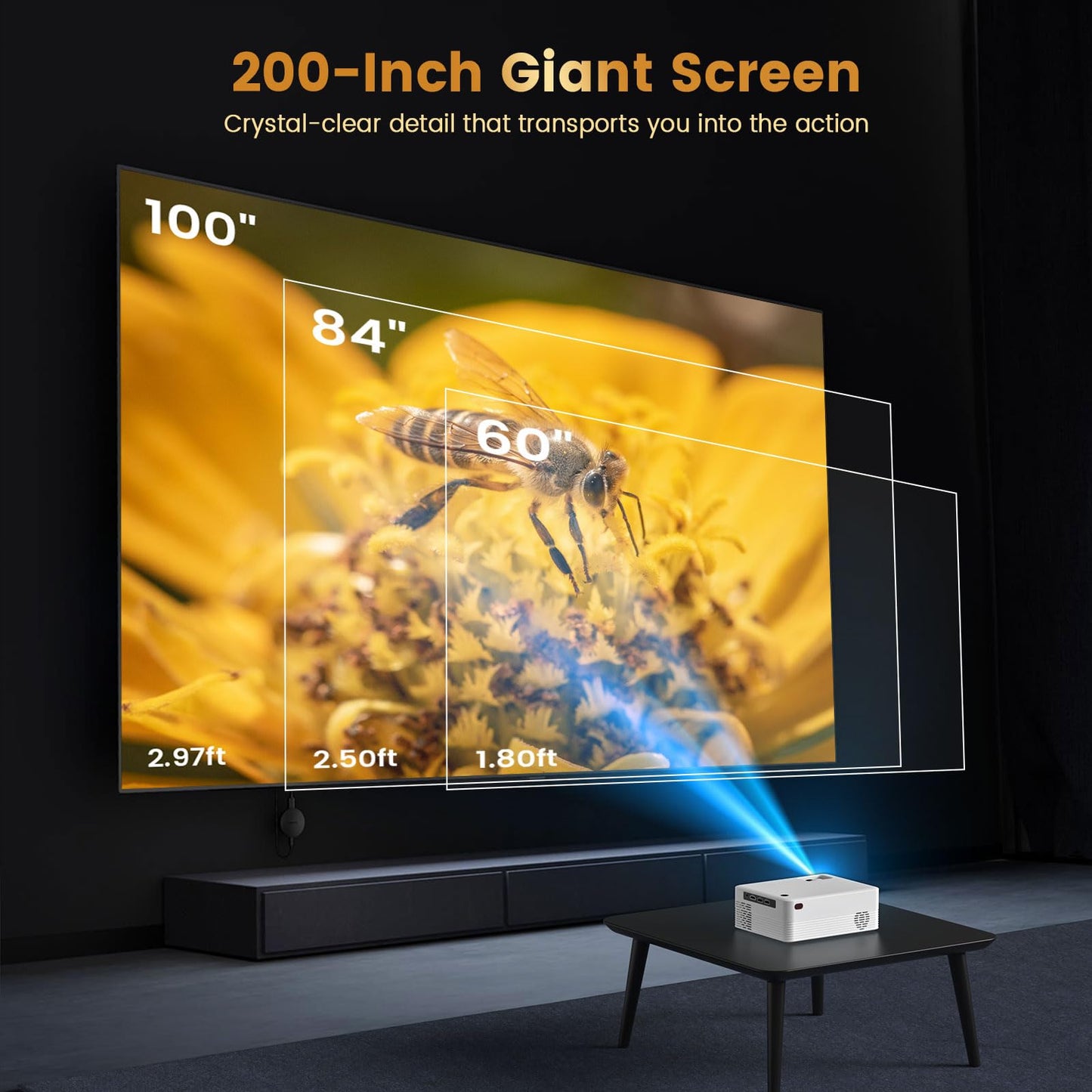 【Native 1080P】 Dreamfair Projector with WiFi and Bluetooth, 240ANSI Support 8K, Portable Projector with Rack, 40"-200" Screen Video, Compatible with Smartphone, TV Stick, Laptop, HDMI, USB（White）