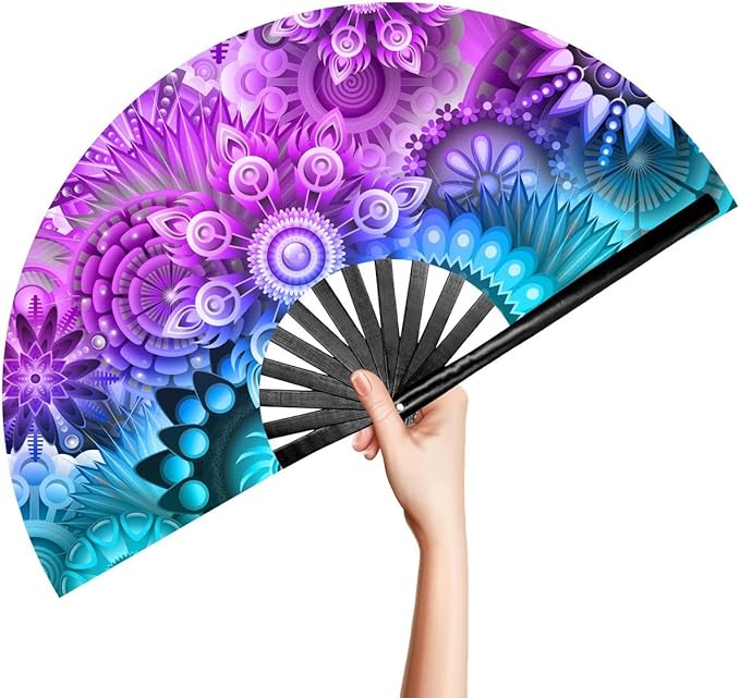 OMyTea Rave Hand Fan Foldable for Women/Men/Drag Queen - Large Clack Festival Folding Hand Fan - for EDM, Music Festival, ...