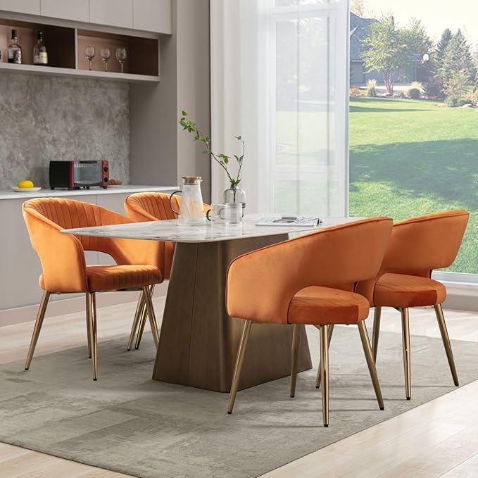 COMULER Orange Velvet Dining Chairs Gold Legs, Modern Dining Room Chairs with Arms Set of 4 Upholstered Accent Chair Armchair with Barrel Back for Kitchen Living Room