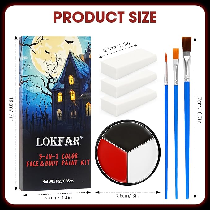 Black White Red Face & Body Paint - Blendable Facepaint Foundation with Sponge & Brush for Skin, Professional Halloween Face Make-up Kit for Zombie Clown Vampire Skeleton Skull Joker Costume
