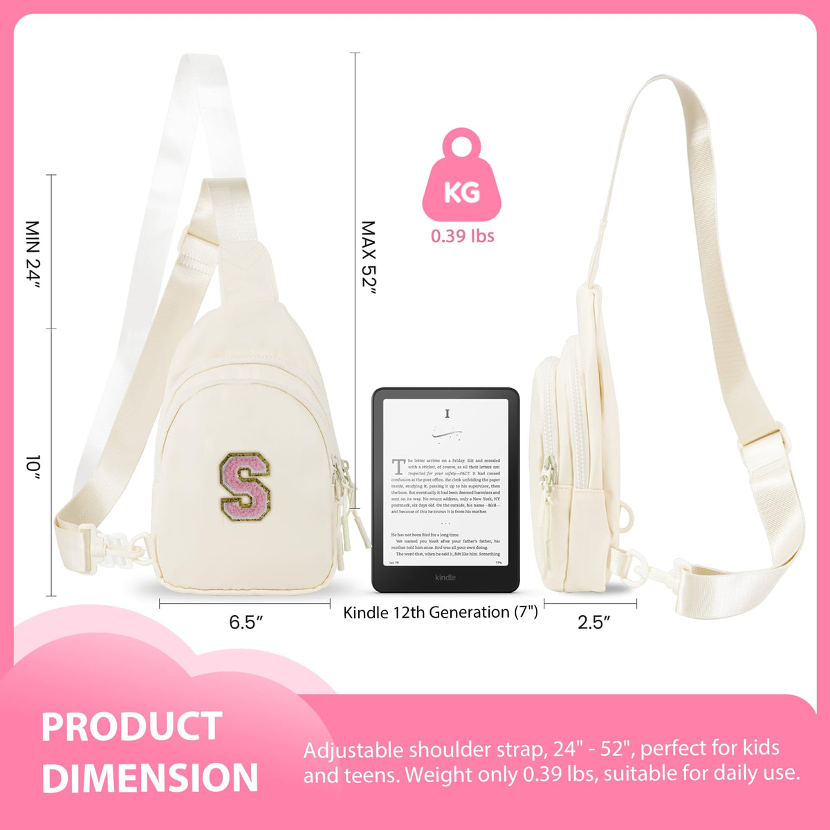 Bomvabe Crossbody Bag for Teenage Girls with Extender Strap 32"-52", Birthday Gift for 6 to 14 Year Old Girls, Sling Bag for Kids and Tweens, Cream with Initials S