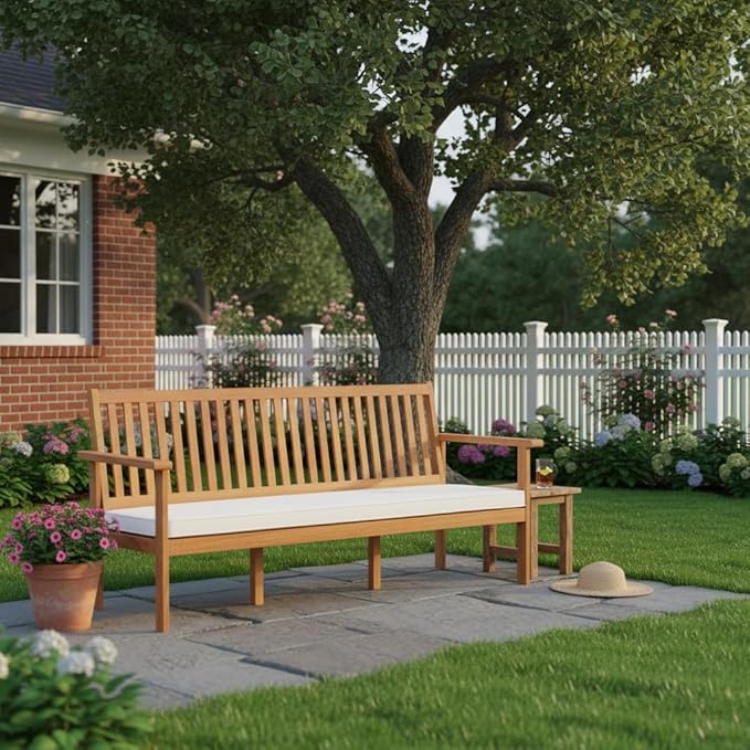 Tangkula Outdoor 3-Seat Acacia Wood Bench, 64 Inches Extra Long Chair with Cushion, Slatted Seat & Backrest, 3-Person Patio Wood Bench for Backyard, Porch, Balcony & Garden