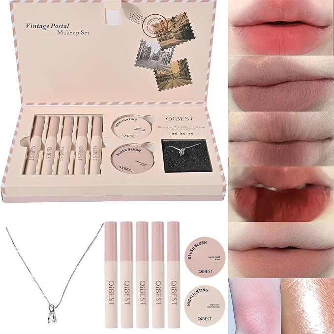 Christmas Gift for Women, 8 Pcs Gift Box Set Include Matte Lipstick, Blush, Highlighter and Necklace, Easy to Create Different Makeups, Birthday，Valentine's Day Makeup Set Gift for Girls-05
