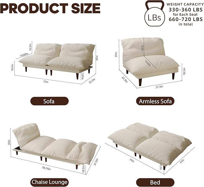 DreamDashio Futon Sofa Bed, 4 in 1 Multi-Functional Futon Couch with Adjustable Backrest, Convertible Sleeper Sofa Bed and Recliner Lounge, Loveseat for Living Room, Apartment, Office, 3 Sets, Beige