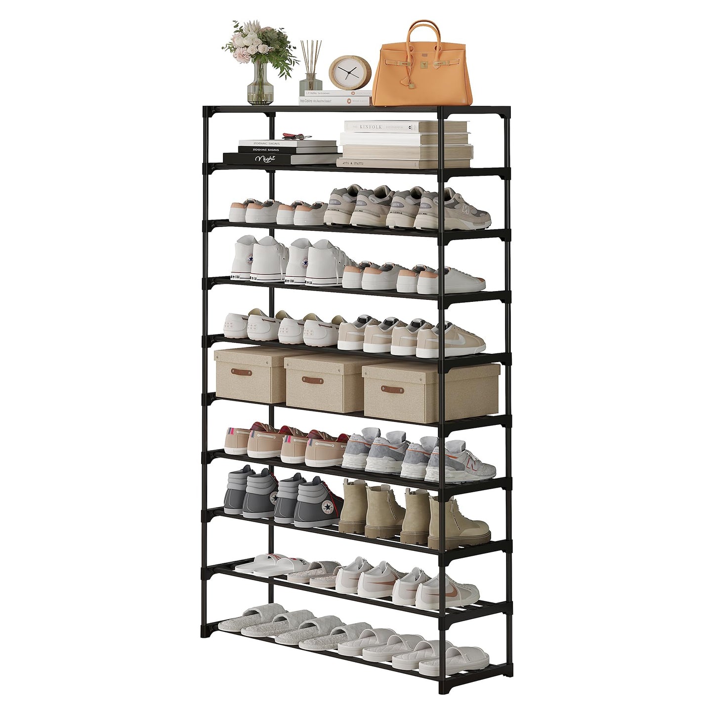 Calmootey 10-Tier Shoe Rack, Tall Large Capacity 50 Pairs Shoes Storage Organizer, Stackable Wide Shoe Shelf for Entryway, Hallway, Black