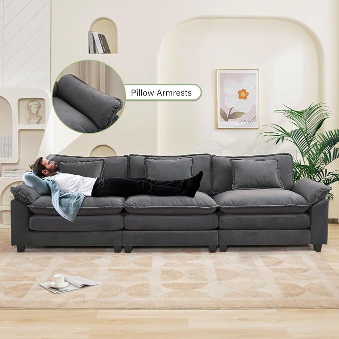 Oprisen 120" Modular Sectional Sofa, Comfy Cloud Couch Sectional Sofa, Velvet Sofa Sleeper Deep Seat Sofa with Throw Pillows for Living Room (Blue Gray, 120"- 3 Seater)