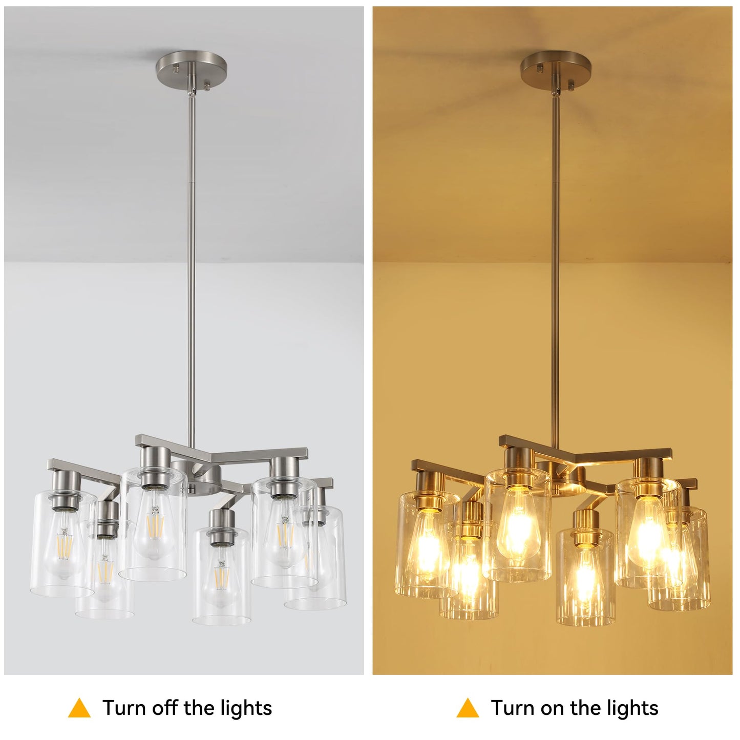 Kvaeavn 6-Light Modern Farmhouse Brushed Nickel Chandelier, Dining Room Light Fixture Over Table Adjustable Height Hanging Industrial Pendant Lights Kitchen Island, Clear Glass Shade