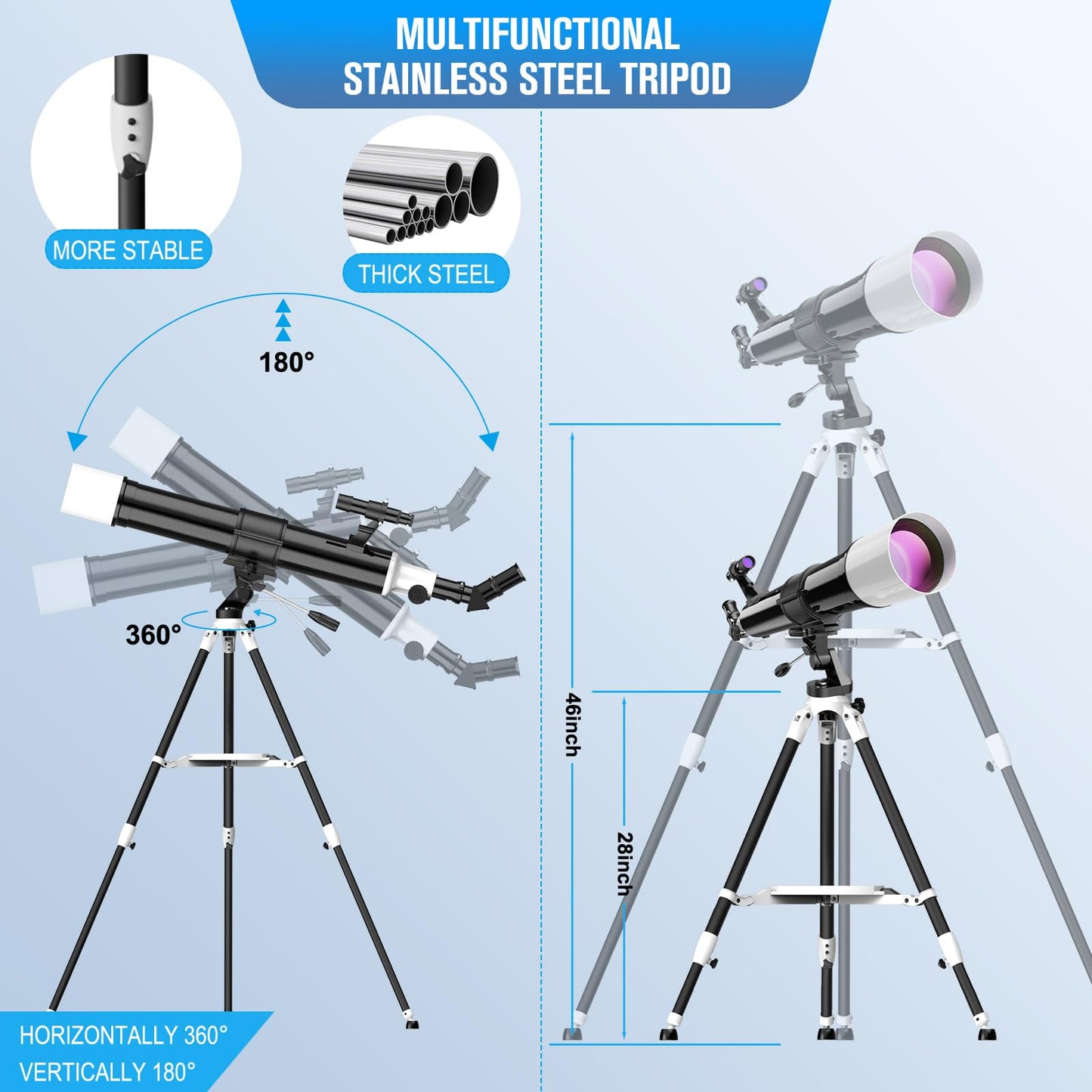 FlyGala Telescope for Adults High Powered Astronomical,80mm Aperture 900mm Professional Refractor Telescopes for Astronomy Beginners 36-270X FMC with AZ Mount Tripod,Carrying Bag,Phone Adapter