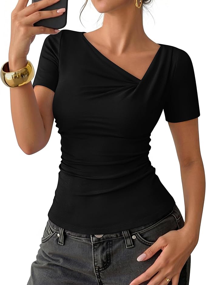 ZESICA Womens Summer Asymmetrical T Shirts Ruched Fitted Short Sleeve Y2K Going Out Tops 2026 Spring Fashion Vacation Outfits