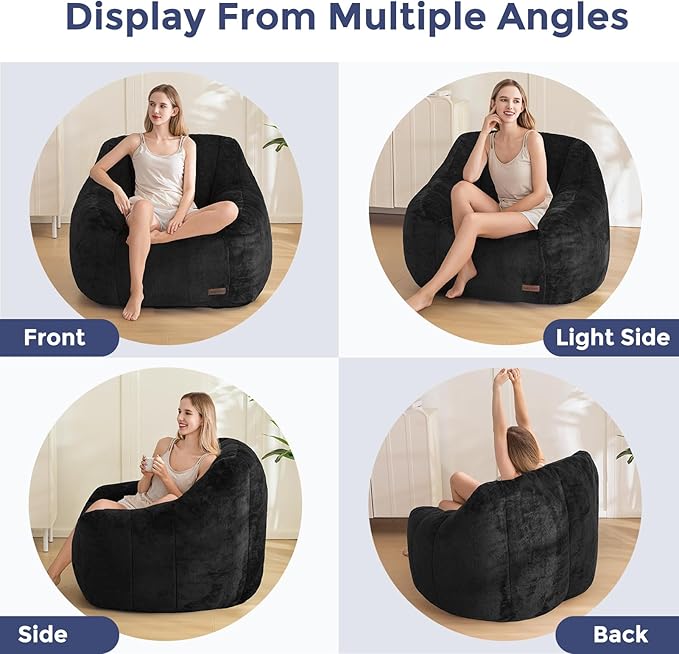 MAXYOYO Bean Bag Chair, Comfy Bean Bag Sofa with Back Support, Faux Fur Bean Bag Chair for Adults and Kids, Stuffed Floor Sofa for Living Room, Bedroom, Apartment, Black