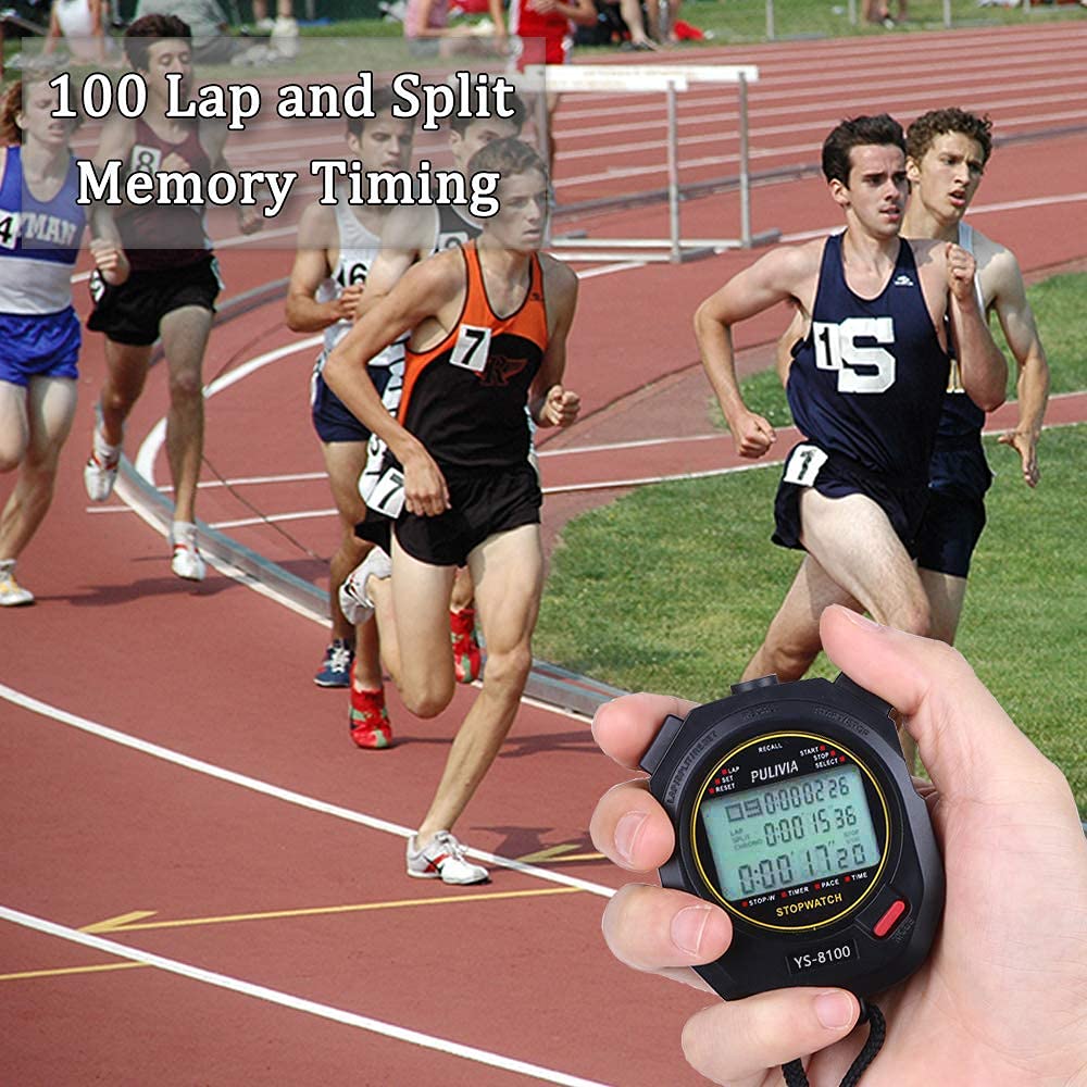 PULIVIA Sports Stopwatch Timer 100 Lap Split Memory Digital Stop Watch, Countdown Timer Pace Mode 12/24 Hour Clock Calendar with Alarm, 3 Rows Display Large Screen Water Resistant Battery Included
