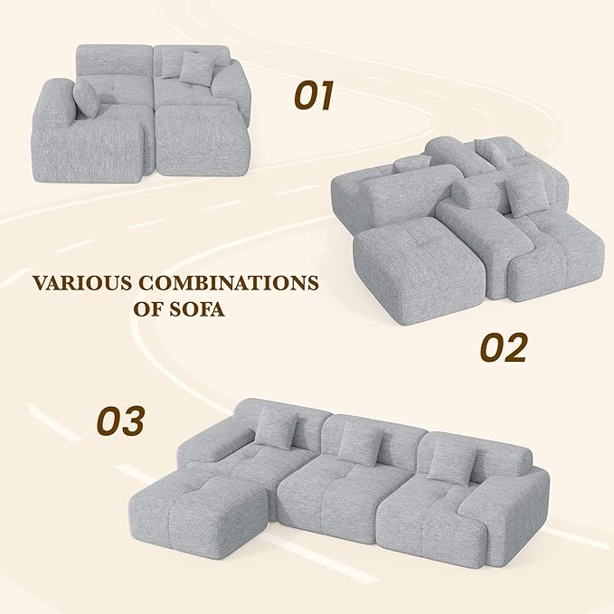 122" L Shaped Convertible Modular Couch, Cloud Couch Sectional with Ottoman, 4-Seater Chenille Boneless Couches for Living Room, Apartment, No Assembly, Light Grey 1PCS