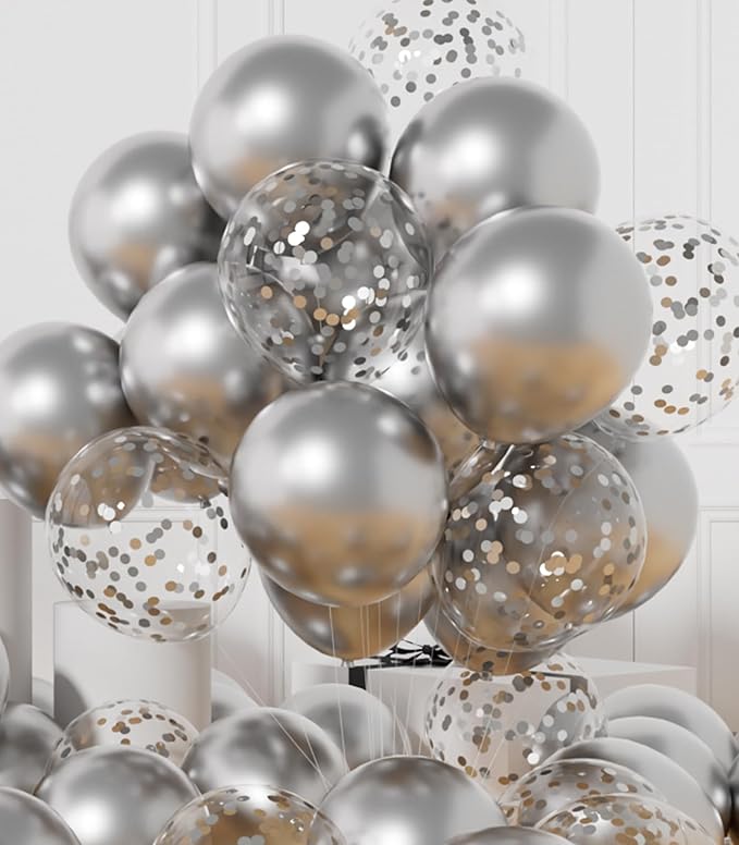 AULE Party Balloons Pack of 42 - Metallic Balloons & Confetti Balloons and 64ft Ribbons - 12 Inch Silver Balloons Decorati...