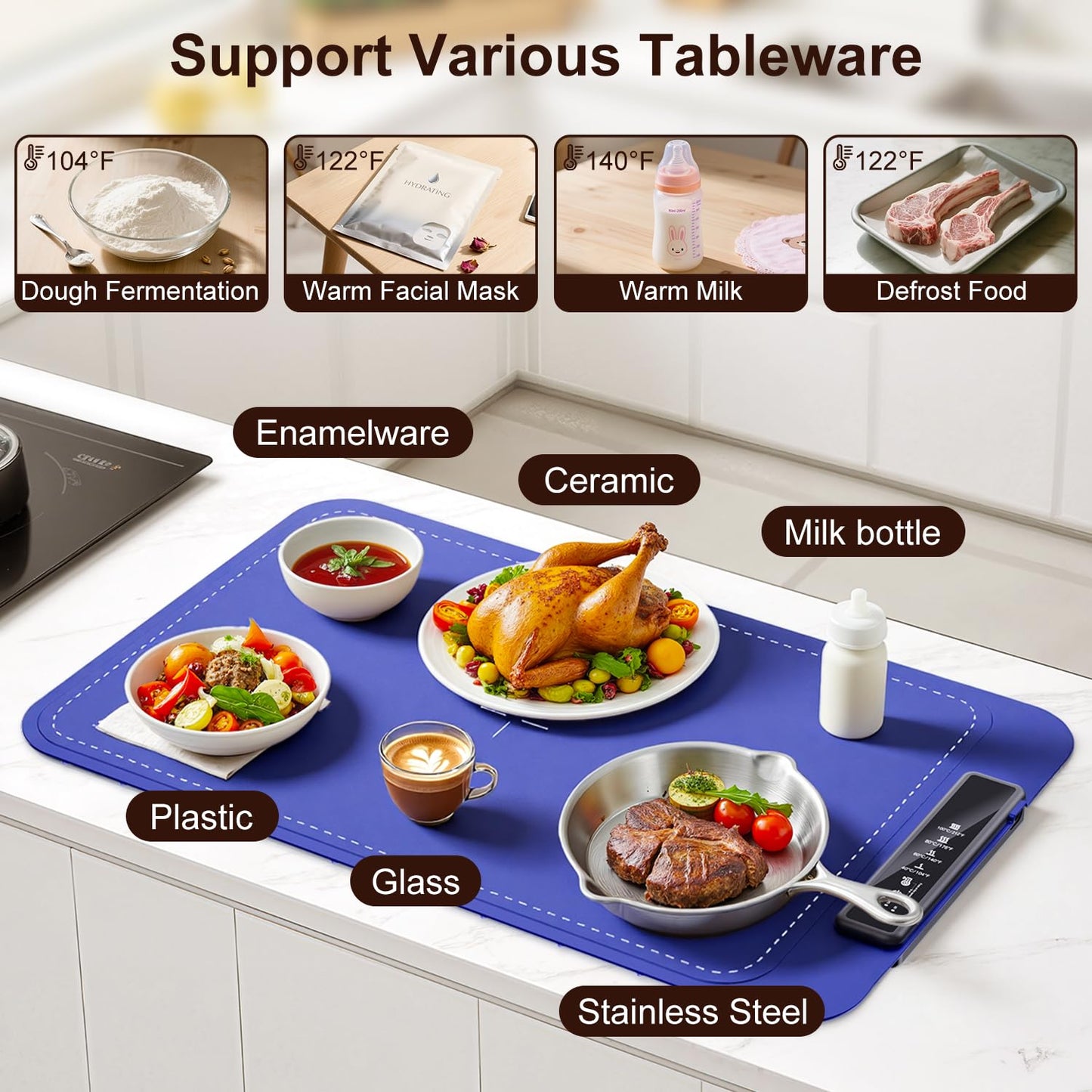 Warming Mat for Food, Electric Warming Tray for Dishes, Portable Heating Pad with 6 Hours Shut-Off, Silicone Food Warmer for Buffet, Party and Countertop with 4 Temperature Levels and Smart Timer
