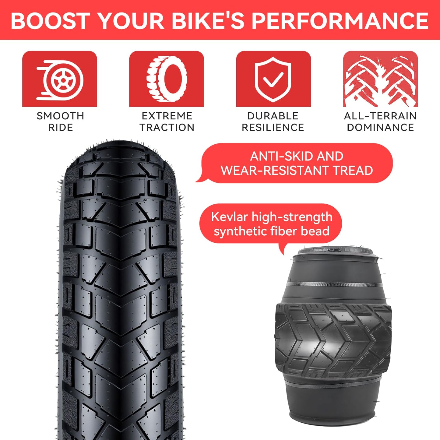 2-Pack NEZHA 26×4.0 Fat Tire for Electric Bikes & Fat Bikes, All-Terrain Puncture-Resistant Bicycle Tire, Durable Replacement Tire for Snow, Sand, Trails & Urban Roads