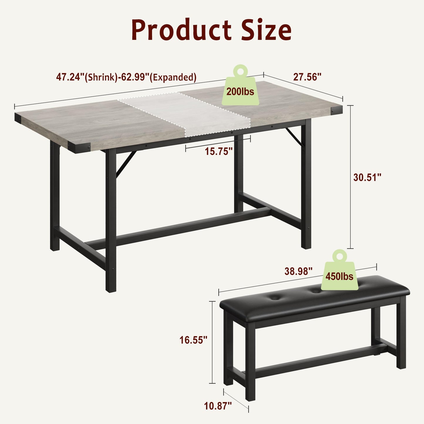 GarveeHome Dining Table Set for 4-6, 63" Large Extendable Dining Room Table Set for 6, Wood Rectangle Kitchen Table with 2 Soft Benches for Apartment, Small Space, Easy Assembly, Rustic Gray