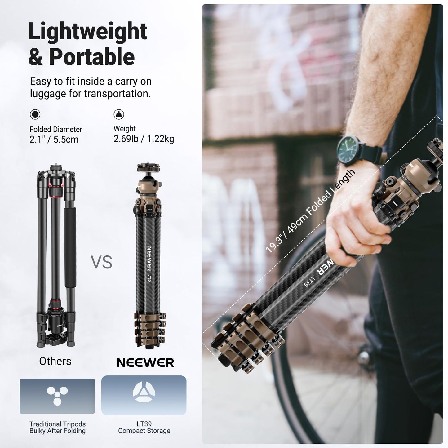 NEEWER LITETRIP Carbon Fiber Travel Tripod with Pan Tilt Low Profile Ball Head,62.4" DSLR Camera Phone Holder Stand Compatible with PD V3 Plates iPhone, 2 Center Columns,Max Load 22 lb, LT39