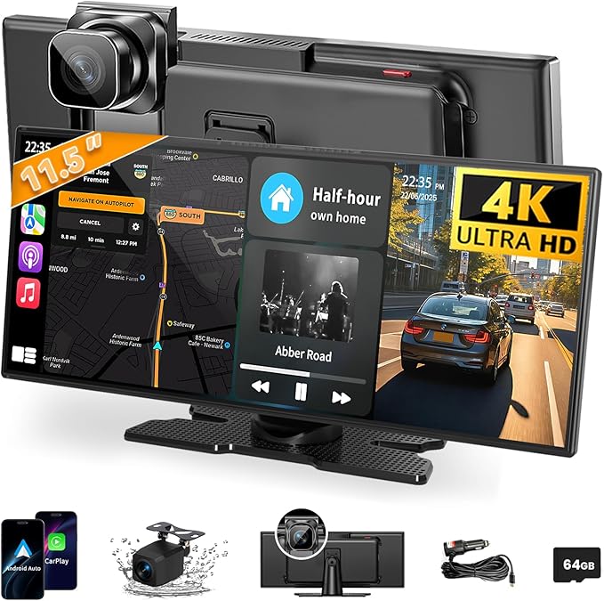 Largest 11.5 inch Wireless CarPlay Screen for Car, A-pple CarPlay & Android Auto HD Touchscreen with 4K Dash Cam/1080P Bac...