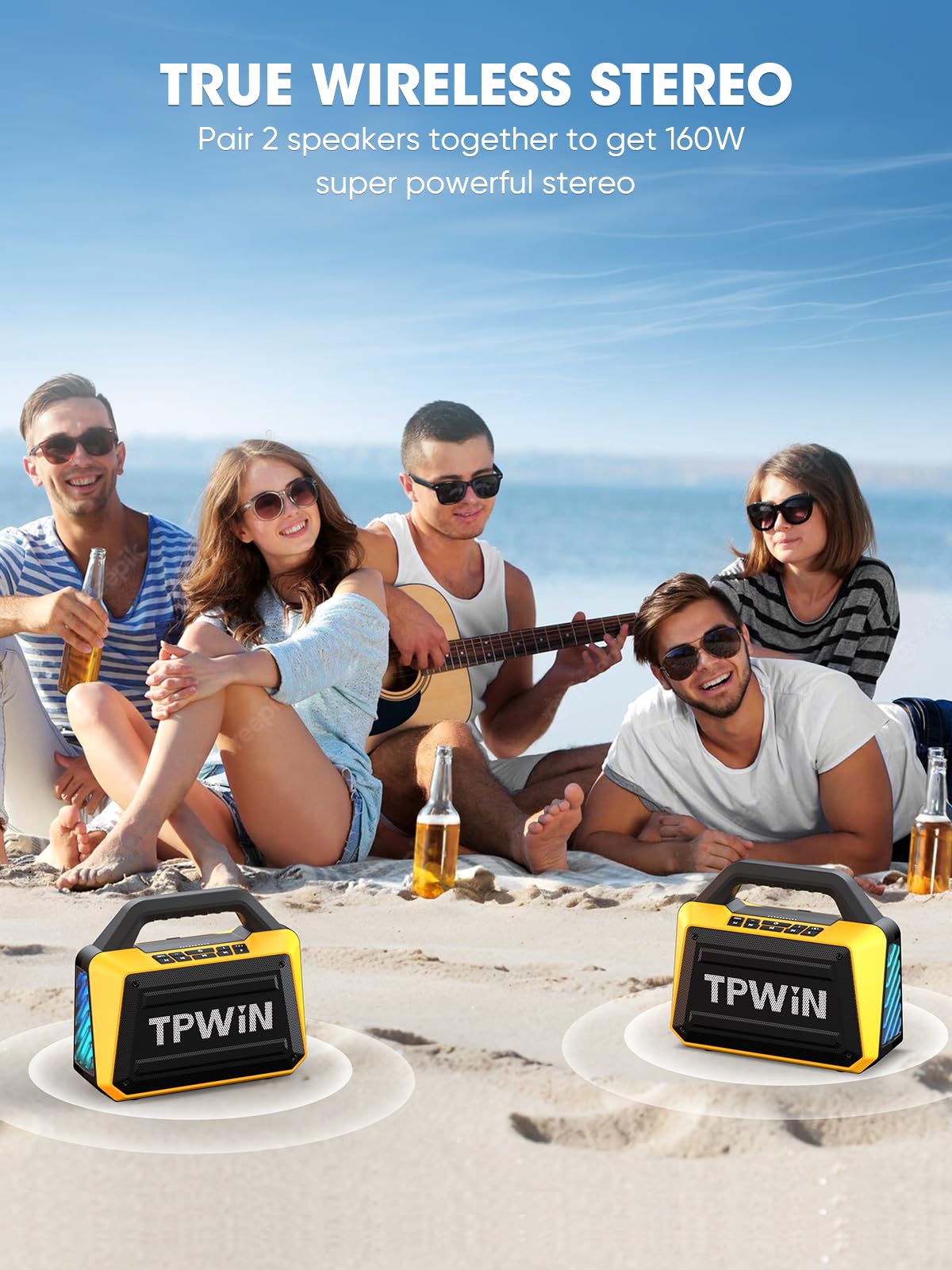 Tpwin Portable Bluetooth Speakers - Wireless Jobsite Speaker 80W Peak, Tws, Light Shows, Loud Speaker With Deep Bass, Bt 5.3, Ip