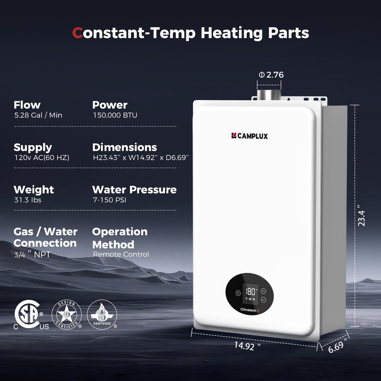 CAMPLUX Climatech 5 Tankless Water Heater Gas 5.28 GPM Up to 6.4 GPM, 150,000 BTU, CSA Certified On Demand Instant Hot Water Heater Natural Gas Indoor for Whole House, 3-5 Persons Family, CA528