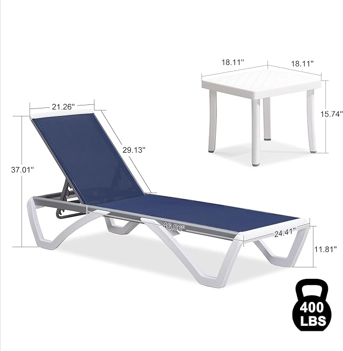 PURPLE LEAF Patio Chaise Lounge Chair Set of 3 Outside Aluminum Plastic Stackable Tanning Chairs for Pool Sunbathing Beach Deck Outdoor Lounger, Navy Blue