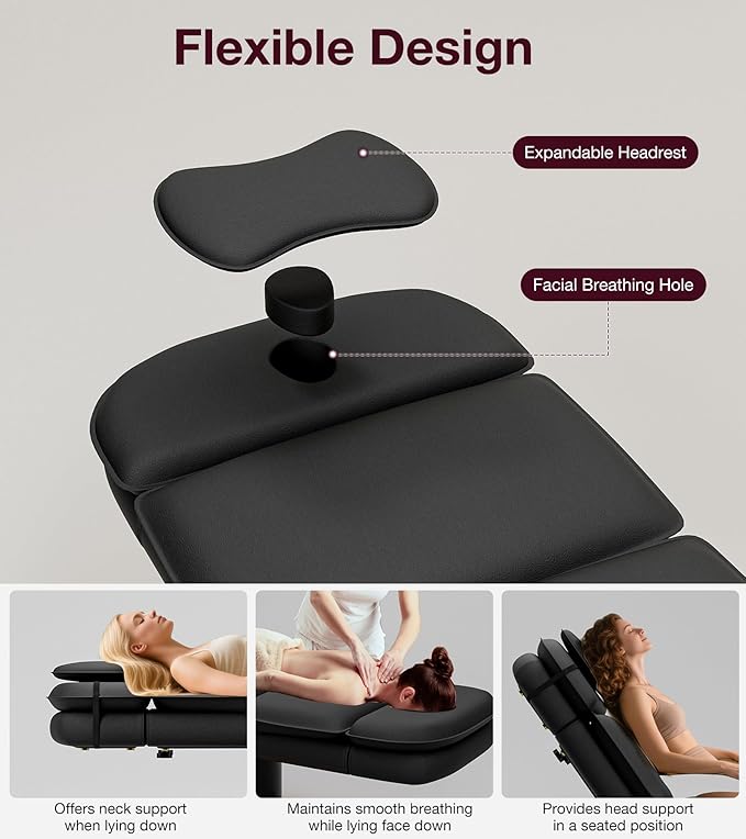 VARONXE Fully Electric Massage Table w/3 Motors, Professional Angle and Height Adjustable Spa Bed Facial Chair, Motorized Esthetician Bed Treatment Table for Beauty Salon, Stool Included, Black