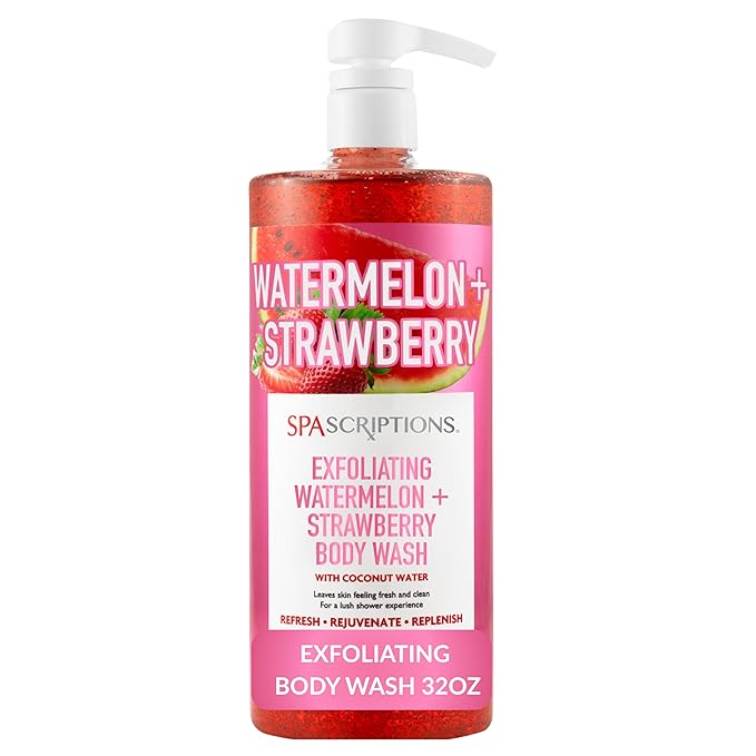 SpaScriptions Watermelon & Strawberry Exfoliating Body Wash - 32 fl oz Scented Natural Daily Cleanse Body Scrub Gel with Moisturizing Coconut Water for Smooth Radiant Refreshing Skin, Paraben Free