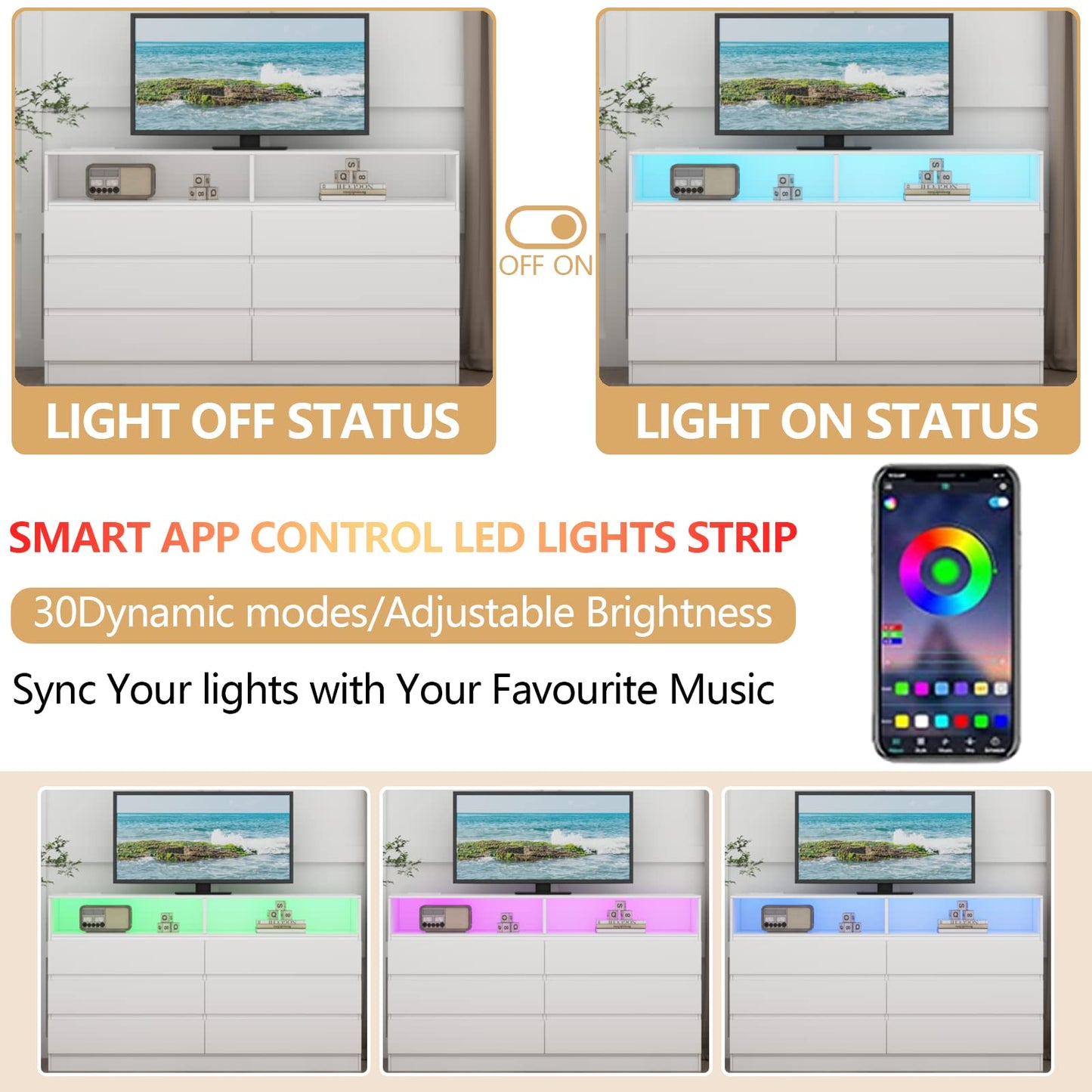 Gyfimoie 6 Drawer Double Dresser with Power Outlet, Accent Chests of Drawers with LED Light, Modern White Storage Dresser with Charging Station (Mirror Not Included)