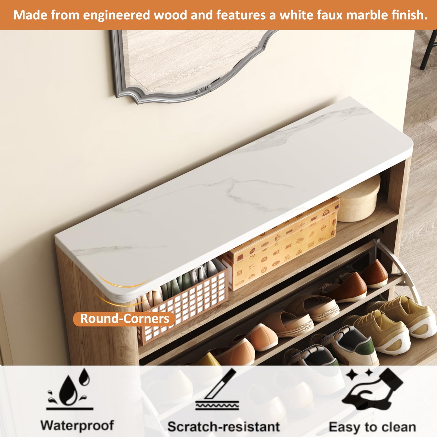 HOMEFORT Shoe Storage Cabinet for Entryway, 31.5" Fluted Shoe Cabinet with 2 Flip Drawers, Mid-Century Modern Hidden Shoe Rack Organizer, Slim Shoe Cabinet for Front Door Entrance, Natural Oak