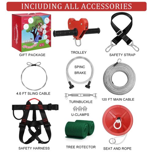 EDOSTORY 120 Feet Backyard Zip Line Kit for Kids and Adult Outdoor Up to 330lb with Stainless Steel Ziplines Spring Brake and Safety Harness, Christmas and Birthday Gifts for Kids(Red)