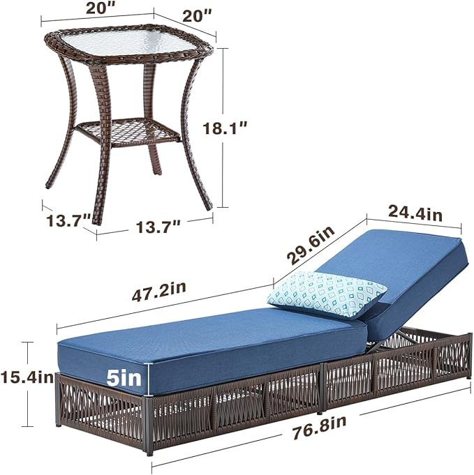 ACTREST Luxury Outdoor Chaise Lounge Chairs of 2 with 5 Inch Thick Cushions and Side Table - 3 PCS High Back Brown Wicker Patio Recliners Lounger Furniture Set for Poolside Sunbathing - Navy Blue