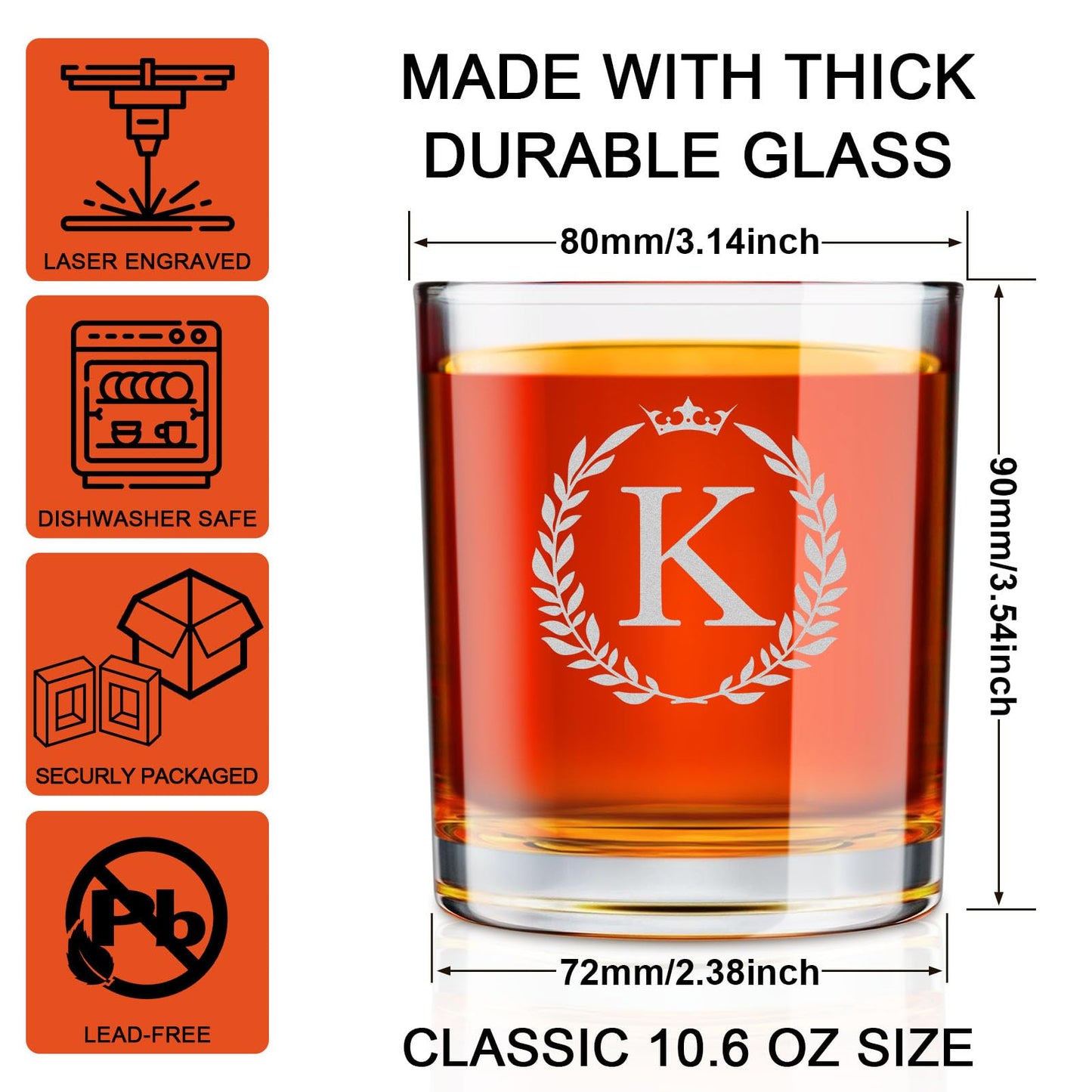 Personalized Whiskey Glasses Gifts for Men, Monogrammed Engraved A-Z 10.6 oz Rocks Glass Customized Gift, Unique Christmas Birthday Gifts for Men Him Dad Husband Brother Son (K)