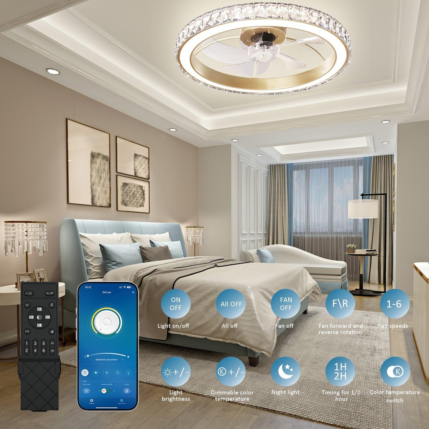 Aipsun Low Profile Modern Crystal Chandelier Ceiling Fans with Lights and Remote, 3000K-6500K Smart Bladeless LED Fan Light, 22" Gold Modern Ceiling Fans with Lights for Bedroom