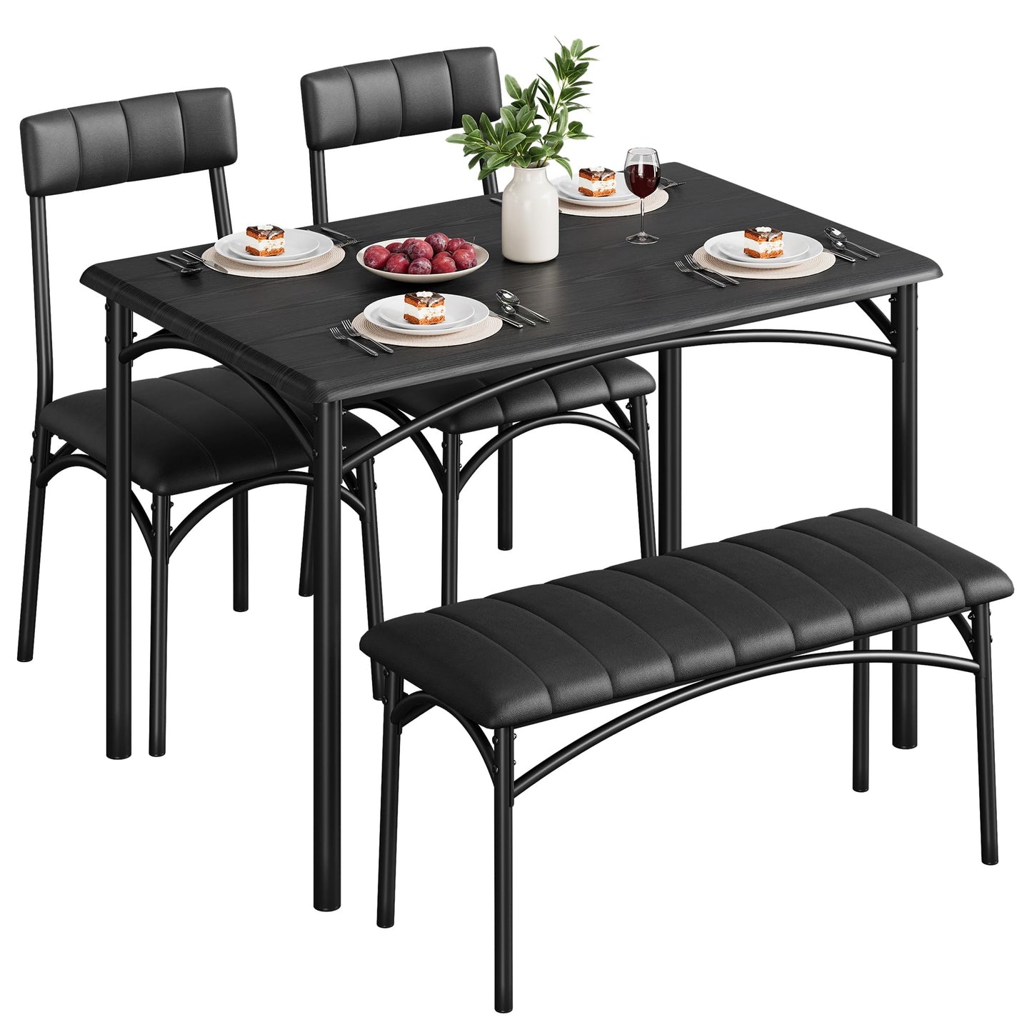 SLEKVERSA Dining Table Set for 4, Small Dining Table Set with Upholstered Bench and 2 Chairs, Kitchen Table and Chairs for 4, for Small Space, Apartment, Dinner, Rustic Black