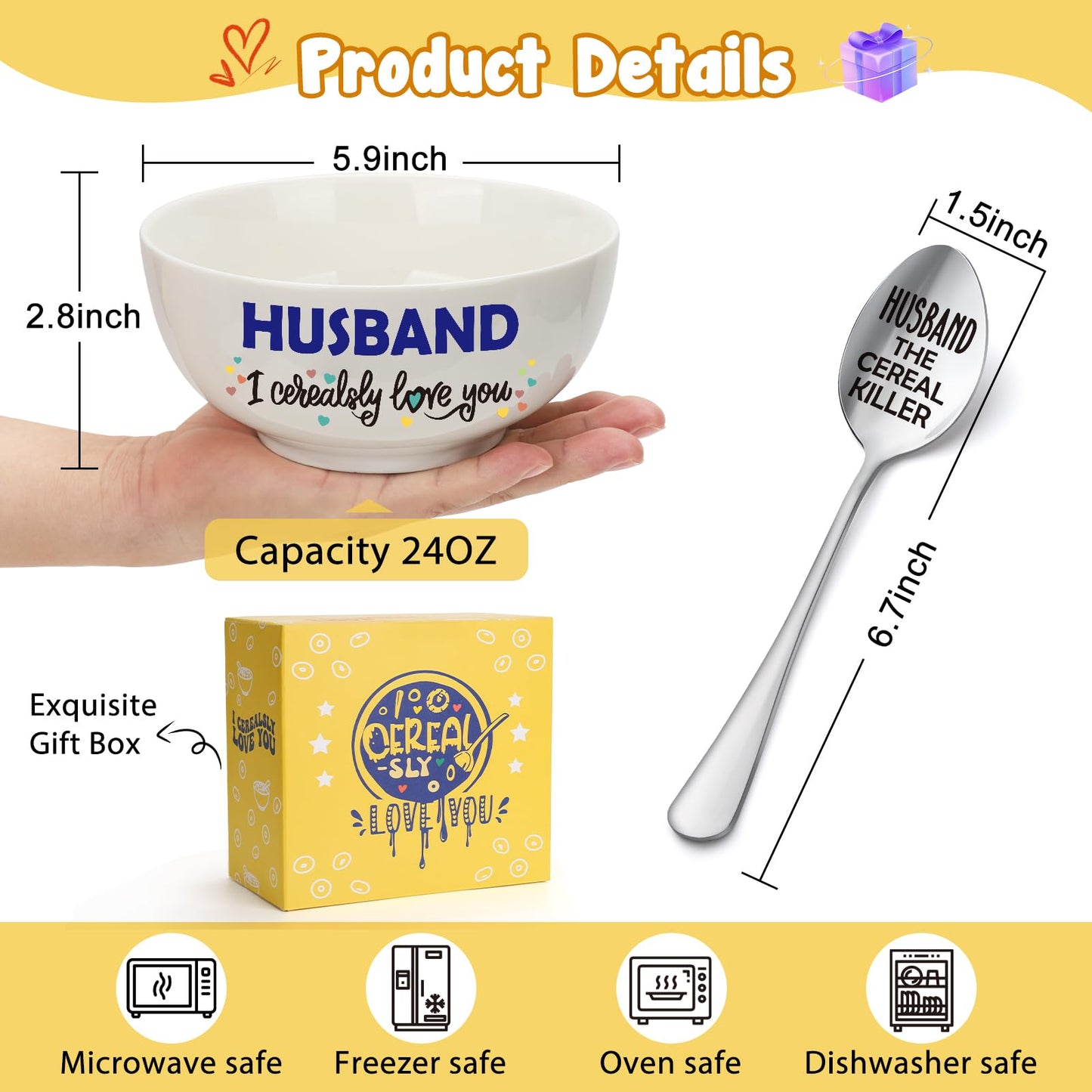 YEUYUQIU Gifts for Husband - Husband Gifts from Wife - Wedding Anniversary, Husband Cereal Bowl and Cereal Killer Spoon Set - I Love You Gifts for Him - Christmas Birthday Gifts for Husband