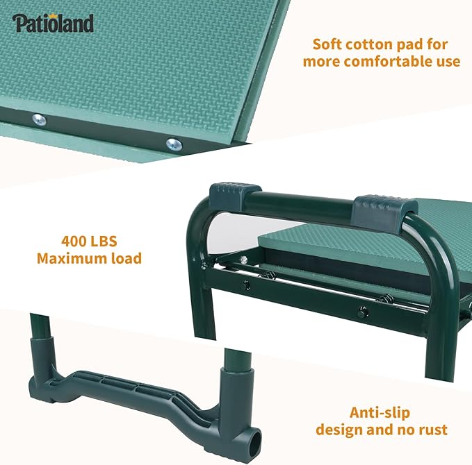 Patioland Garden Kneeler and Seat with 1 Tool Bag, 10.2" Widen Heavy Duty Thicken Soft Kneeling Pad, 2-in-1 Folding Garden Stool, Outdoor Yard Work Seat, Ideal Gardening Gifts for Mom, Women, Grandma