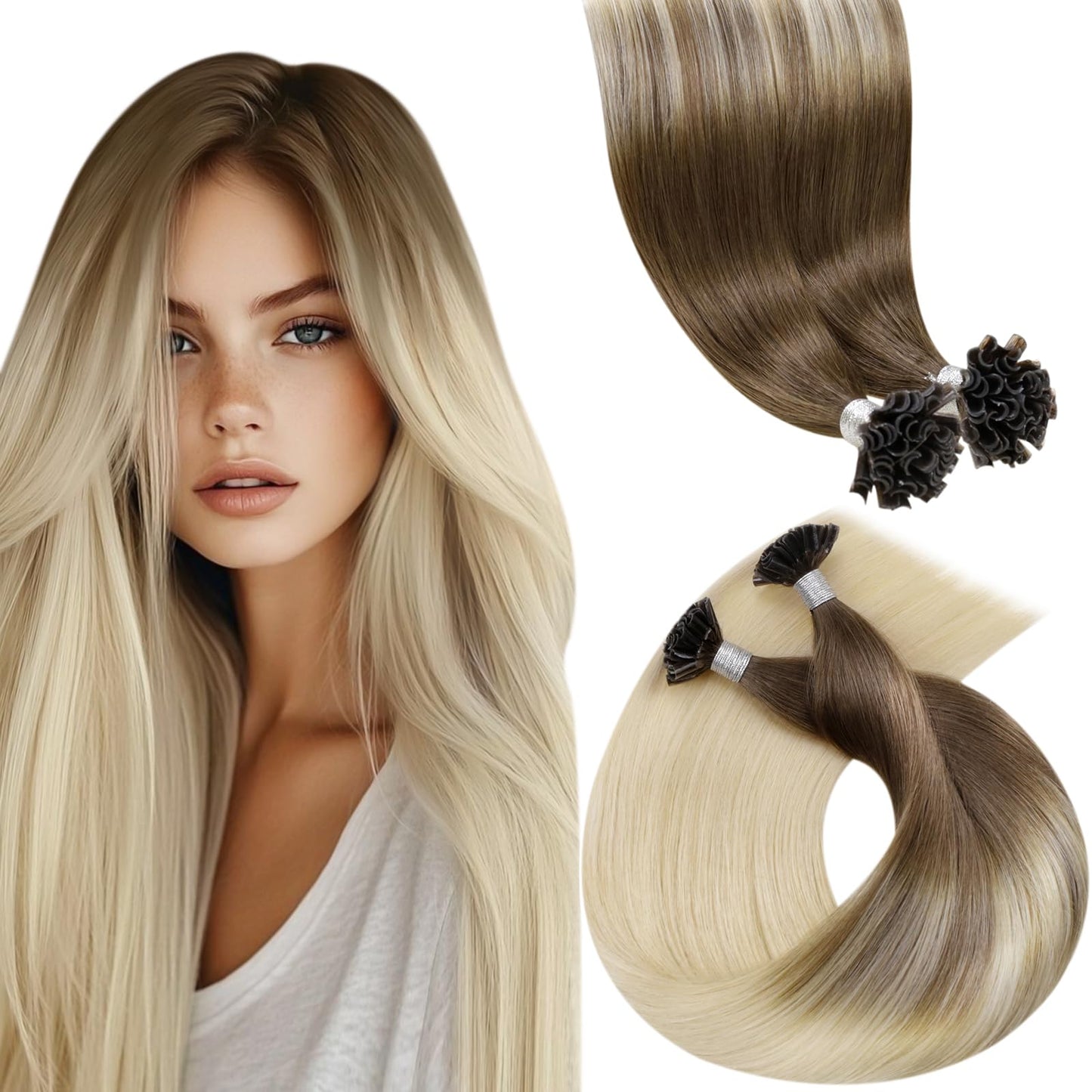 LaaVoo U Tip Hair Extensions Human Hair Light Brown Ombre Ash Blonde Utip Hair Extensions Human Hair Silky Straight Ombre K Tip