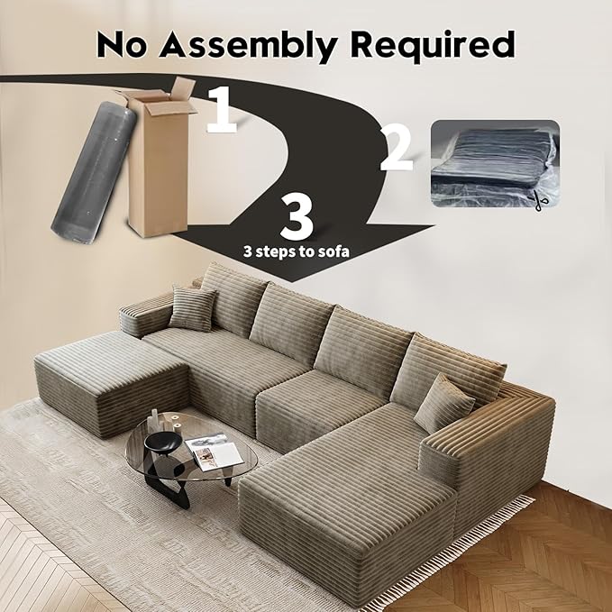 135.4" Cloud Modular Sectional Sofa with 1 Ottoman,Modern Minimalist Upholstered Couches, Comfort U Shaped Sofa for Living Room,Deep Seat Corner Couch，No Assembly Required (Camel,Right Facing Chaise)